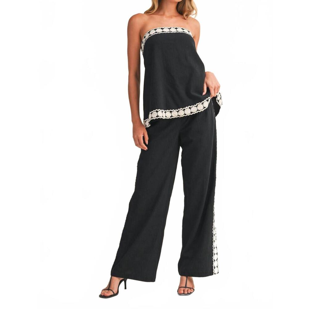 NEW KLESIS lace edge tube top and pants set in black/cream
